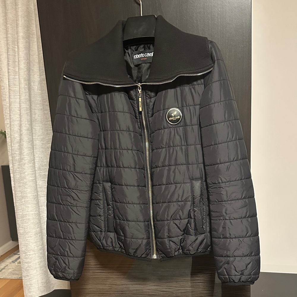 Roberto Cavalli Black Quilted Ribbed-Collar  Jacket